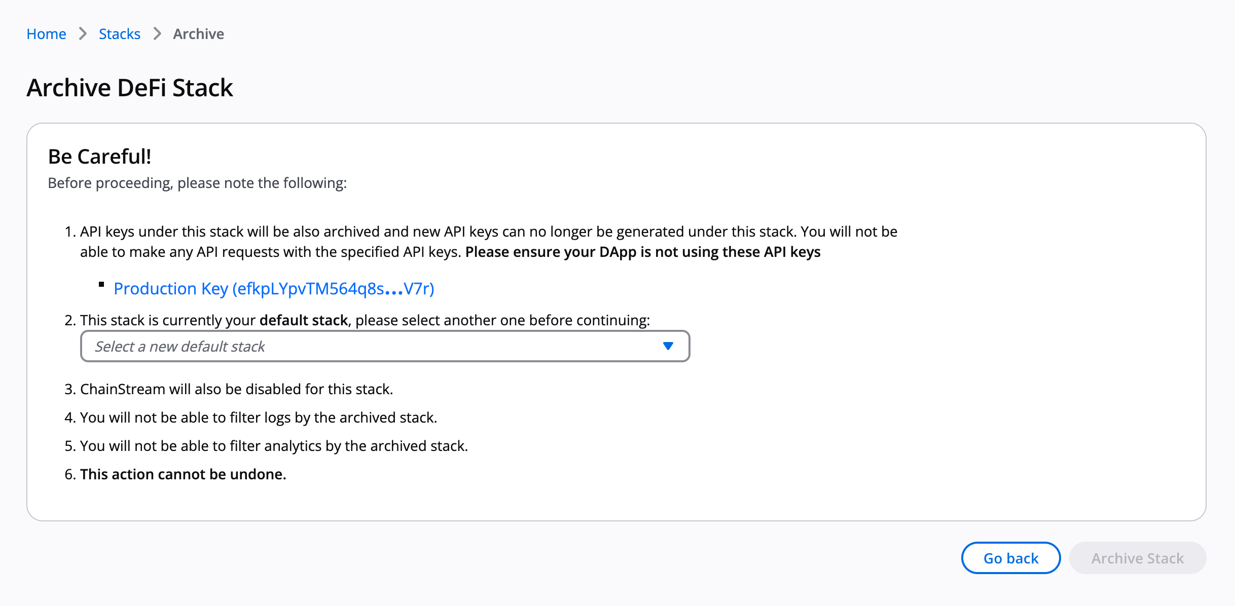 Archive stack warning screen