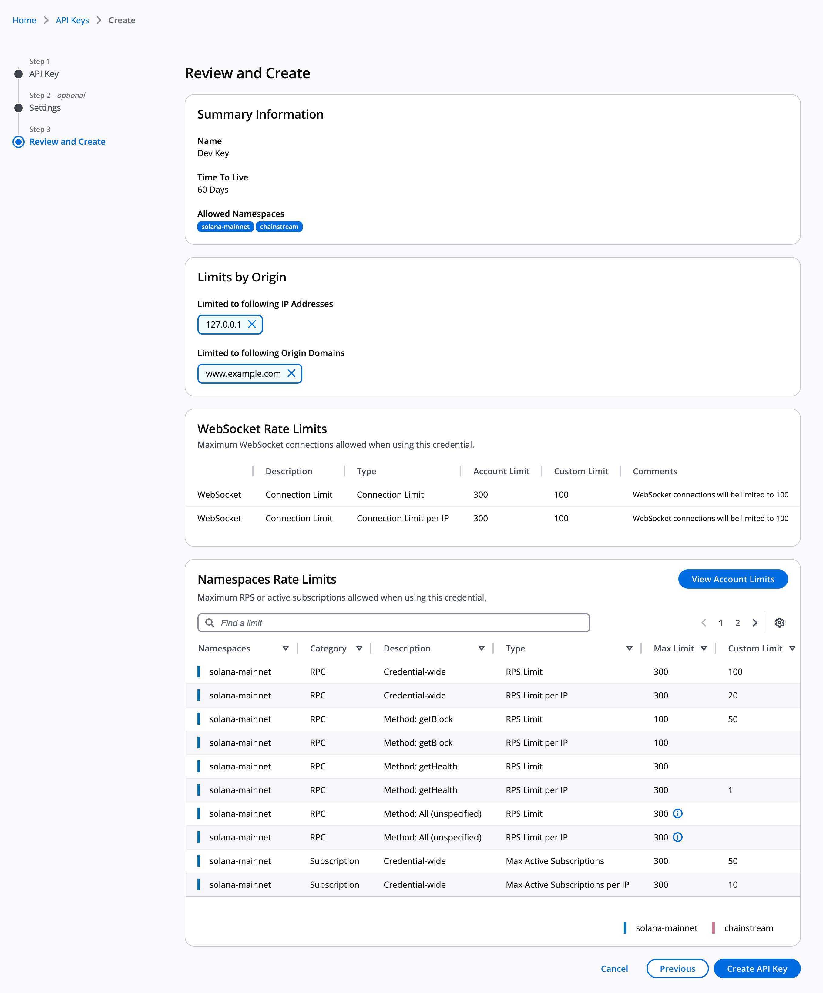 Review API key settings