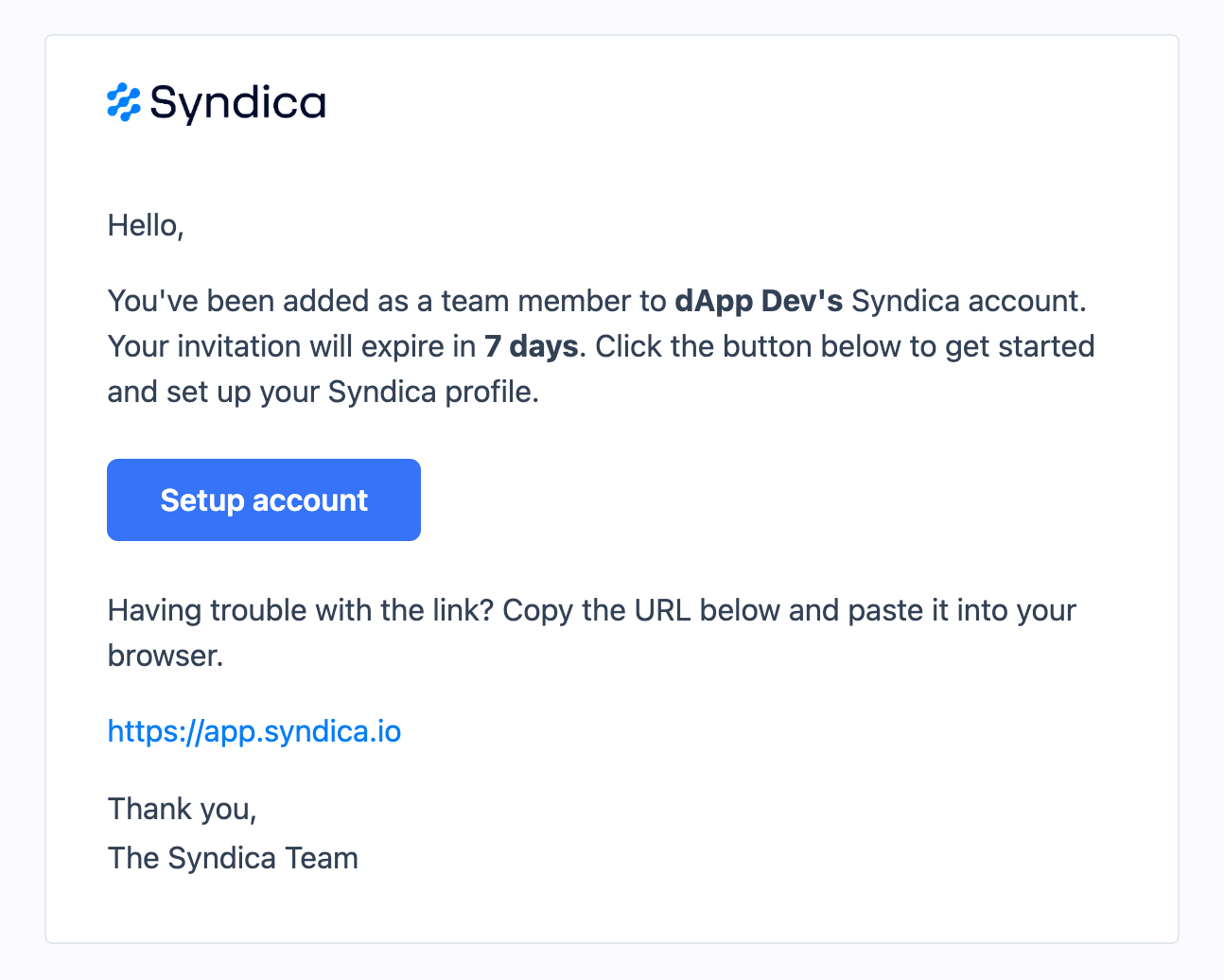 User invitation email