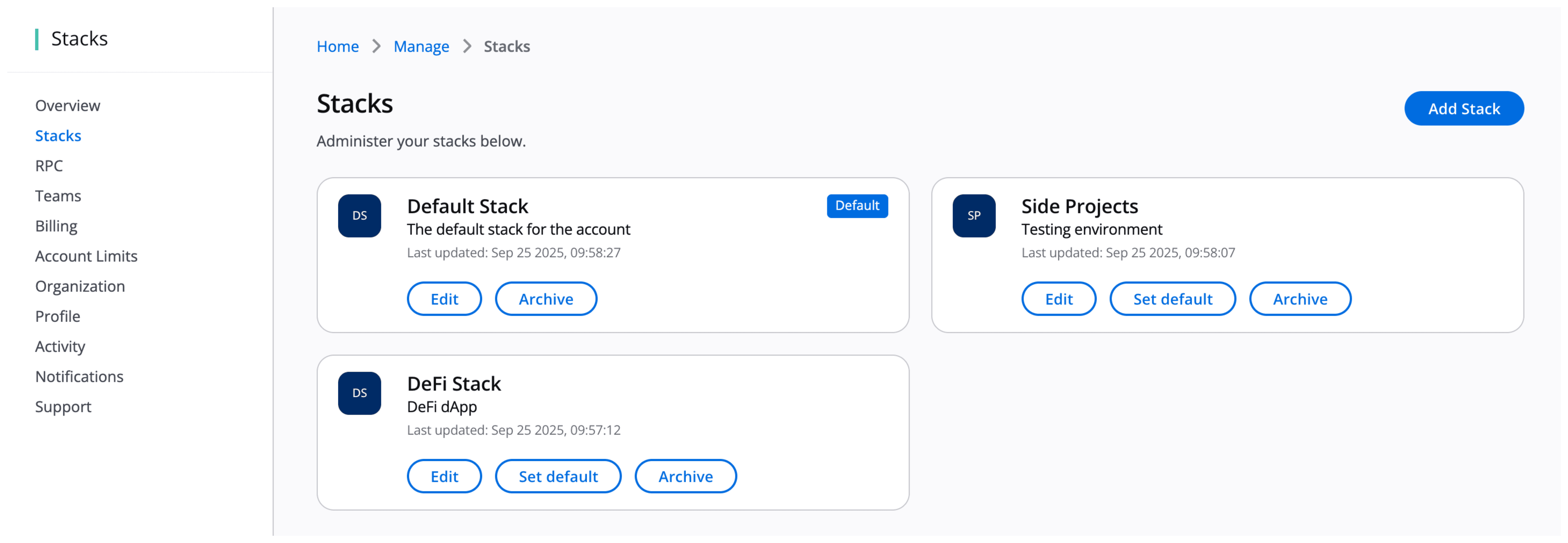 Manage stack overview page