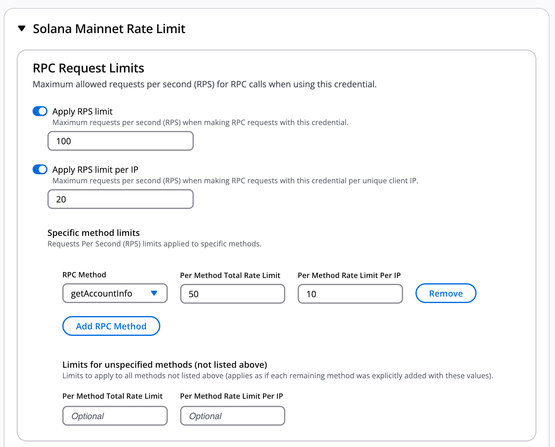 Custom RPC request limits