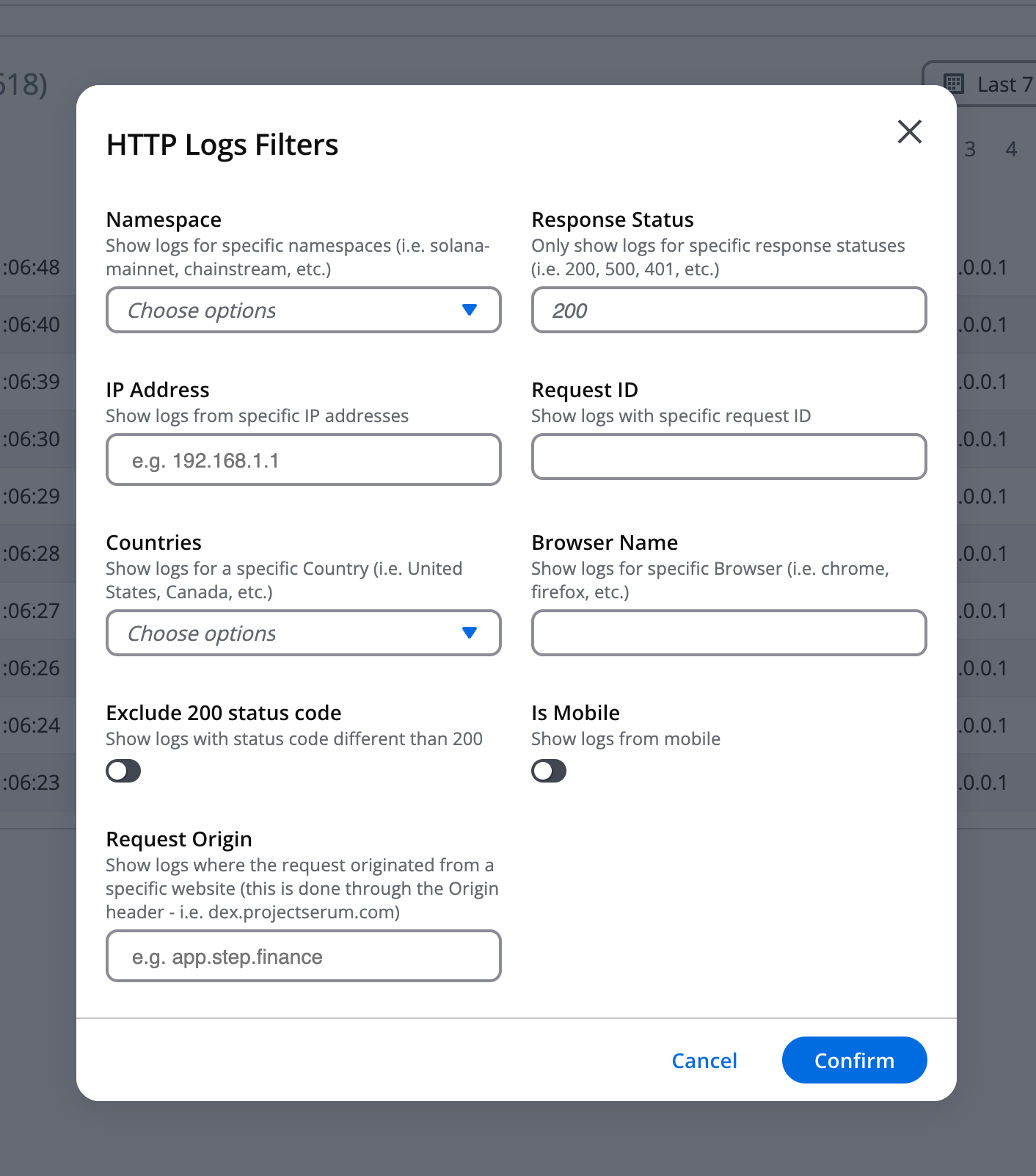 Available log filters